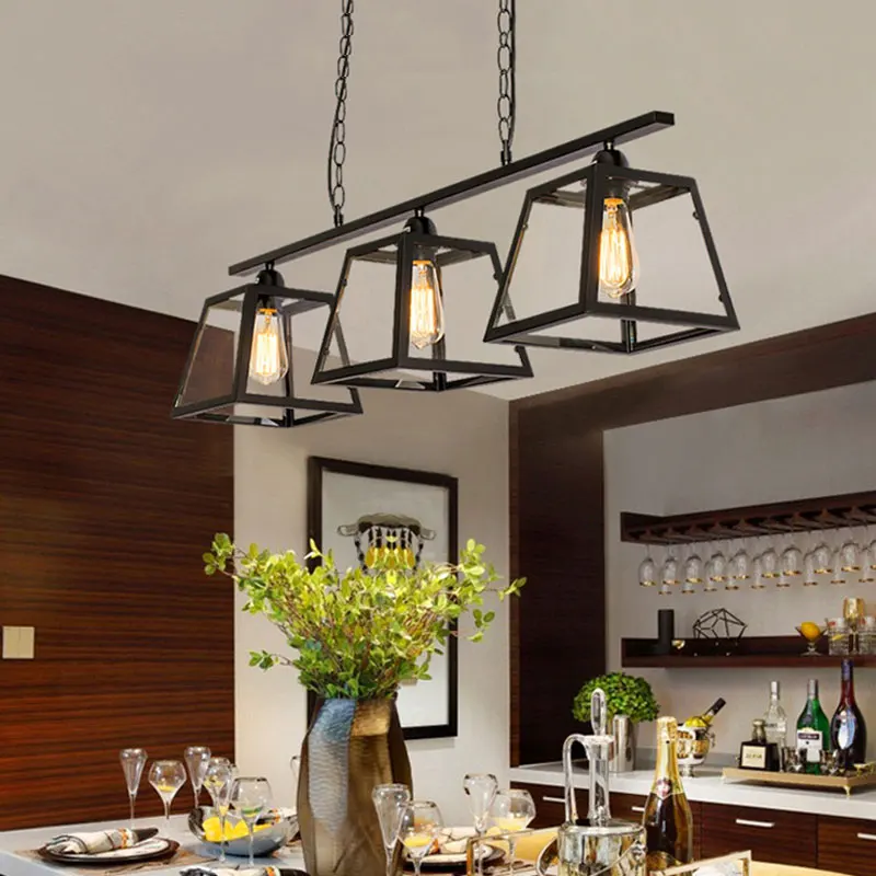 LOFT Vintage Industrial Wind Glass Frame Iron Art Pendant Lamp Restaurant Bar Cafe Internet Bar Black Three Head Pendant Light