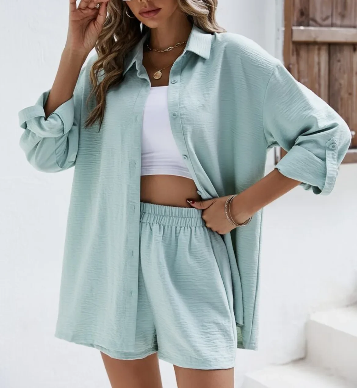 New Pijamas Women 2 Piece Outfits Lounge Sets Long Sleeve Button Down Oversized Shirts and Shorts Pjs Sleepwear Casual Tracksuit