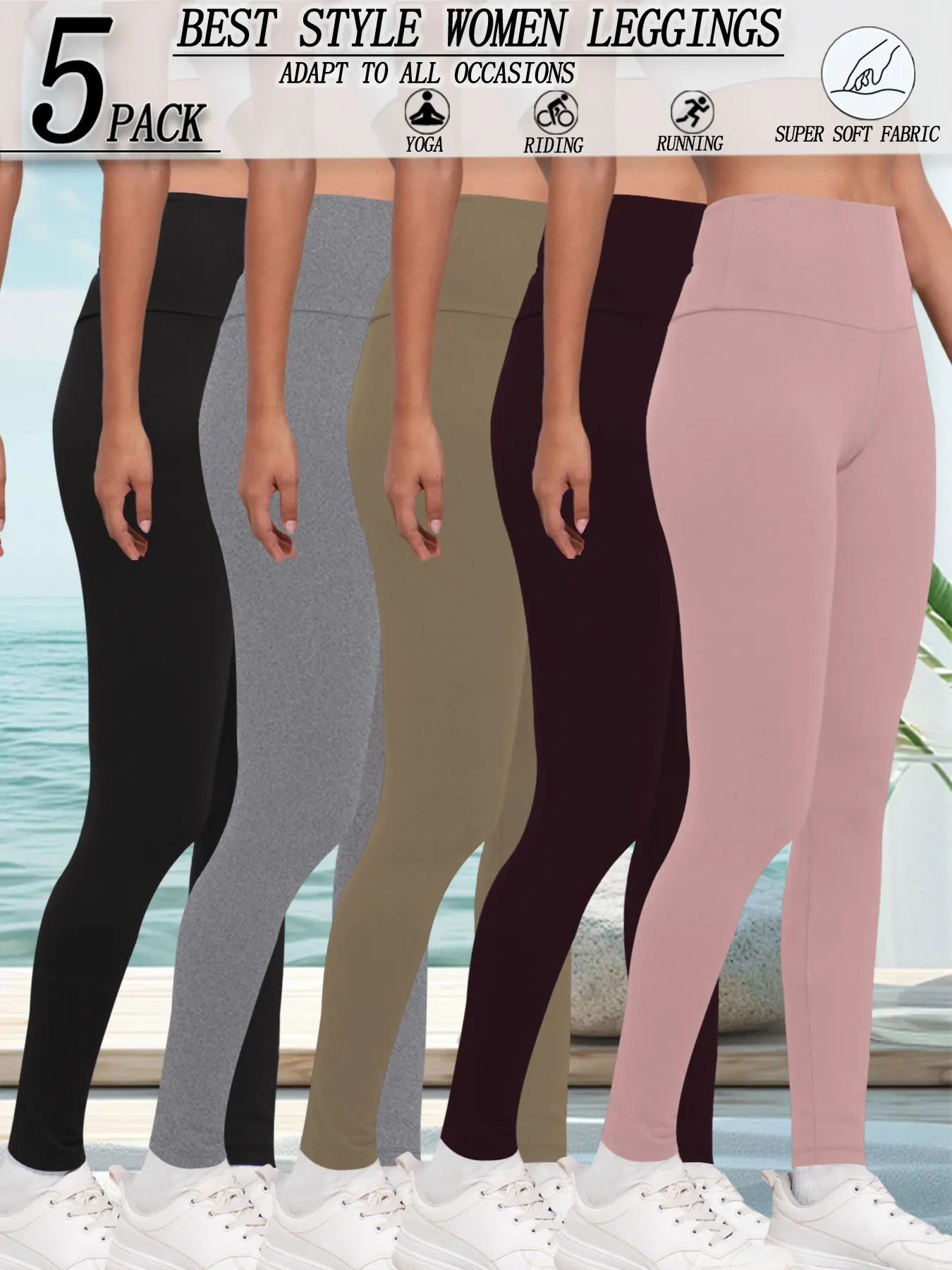 5 عبوات من سراويل اليوغا النسائية فائقة النعومة عالية الخصر للتحكم في البطن بدون شفافة للتمرين واليوجا والجري الرياضية واللياقة البدنية في صالة الألعاب الرياضية