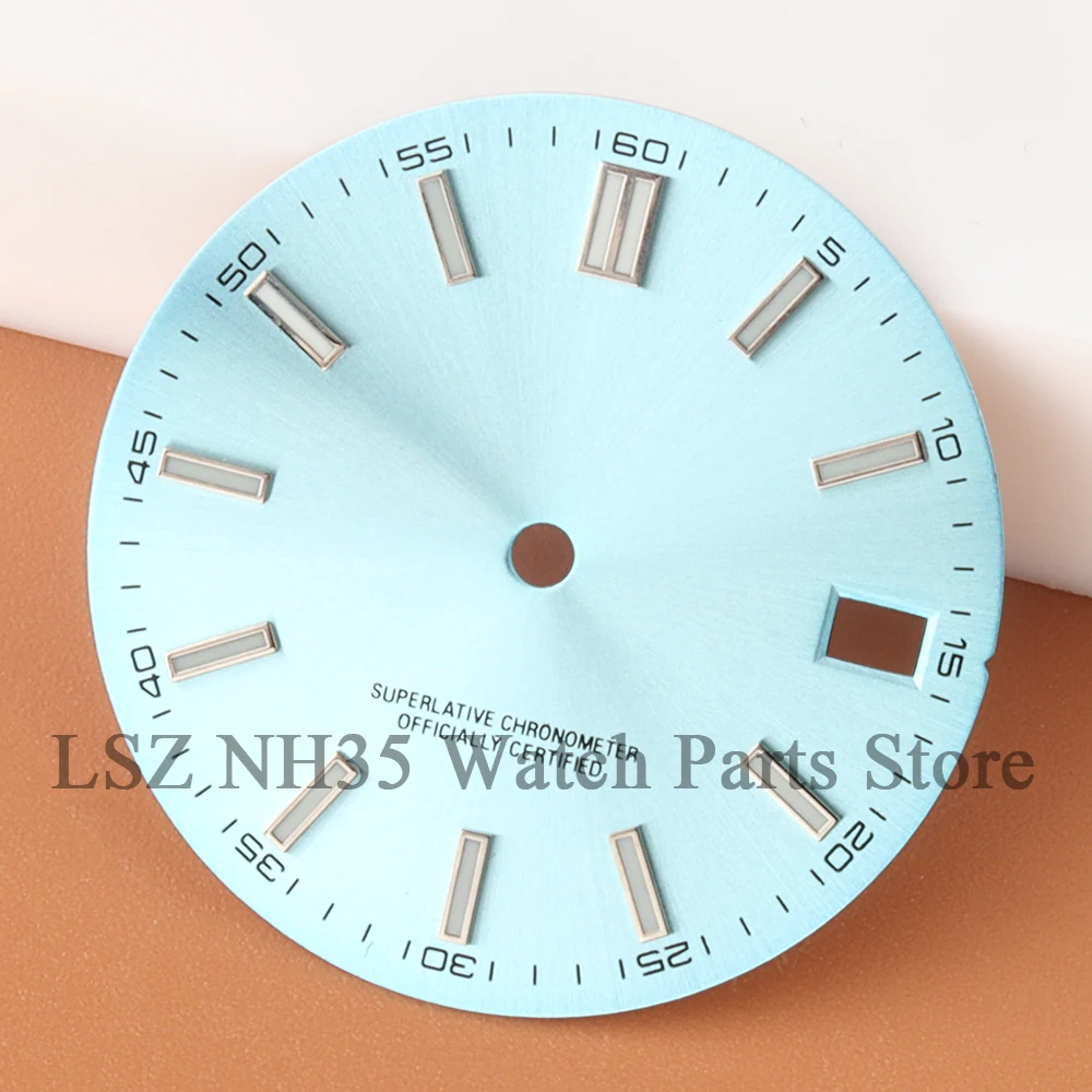 28.5MM 선버스트 블루 시계 다이얼 블루 야광 스테인레스 스틸 교체 부품 (Log NH35 NH36 시계 페이스 자동 무브먼트용)