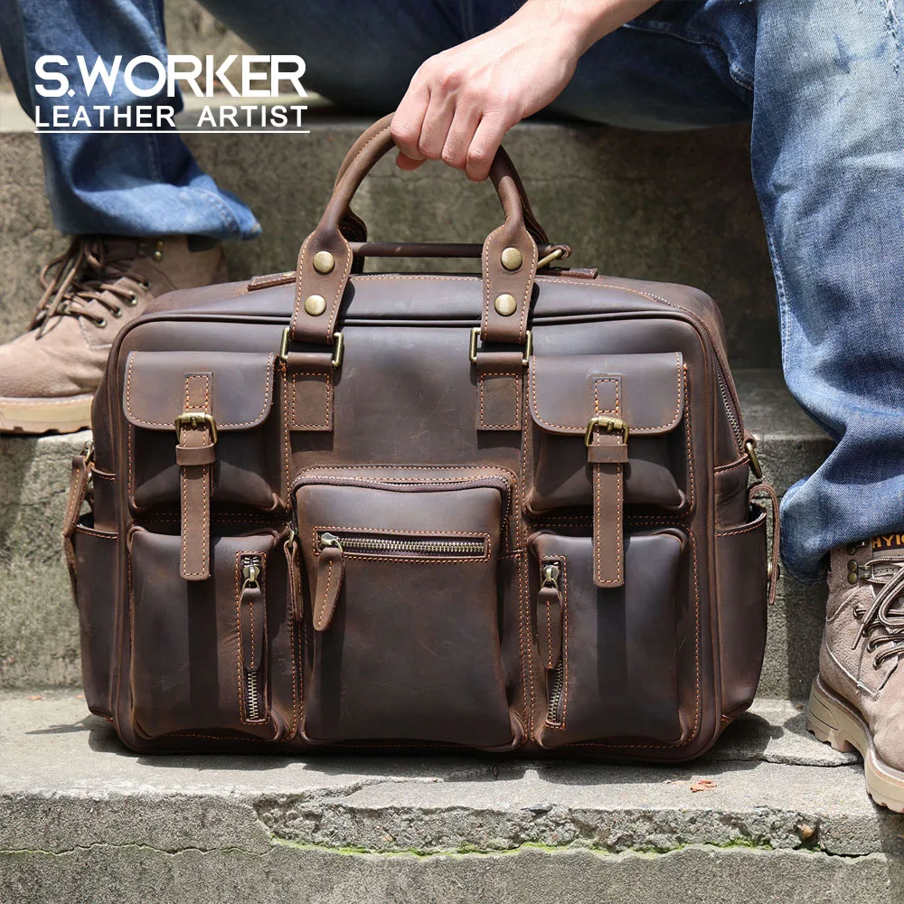 Vintage Herren-Aktentasche aus Vollnarbenleder, 16 Zoll Laptop-Umhängetasche, Echtes Leder, Business-Reisetasche, Crazy Horse Leder – Detail 3
