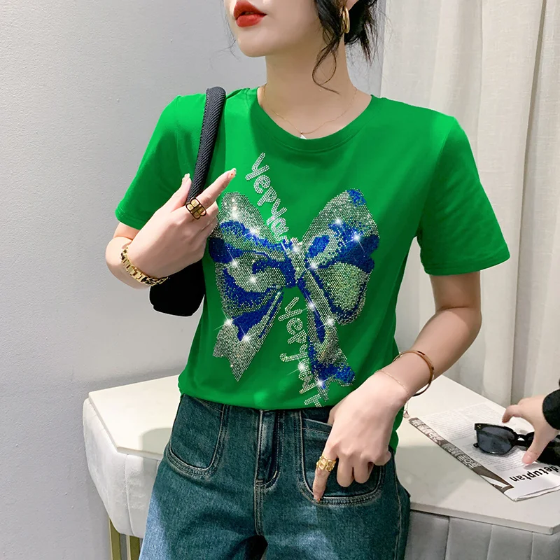 #5371 Summer Short Sleeve T Shirt Women Black White Red Green Cotton Diamonds Casual Women's Tee Shirt O-neck Korean Style