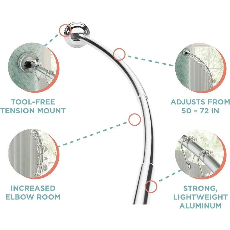 Barra de cortina de ducha curvada a prueba de óxido de tensión, barra de ducha ajustable sin perforación, 50 "a 72", extensible, telescópica