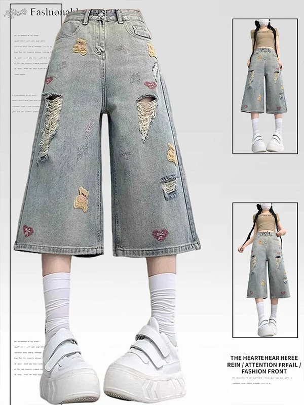 

Retro Large Size Bear Embroidery Wide Leg Jeans Loose Fit High Waist Casual Style Summer Cotton Blend Denim Trendy Seven Inch...