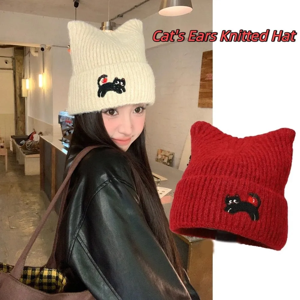 

Retro Soft Cat's Ears Knitted Hat Elastic Korean Style Woolen Hat Solid Color Wool Warm Cap Women