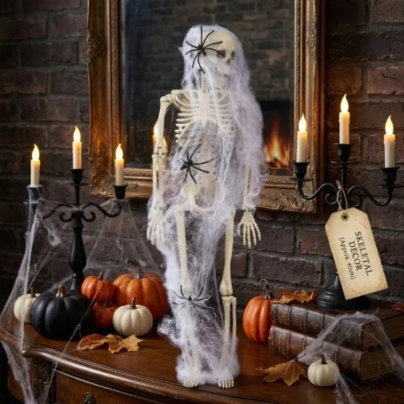1Sets 40cm Skeleton and Gauze and Spider Halloween Decoration Human Skeleton Hanging or Stand with Flexible Joints for Party