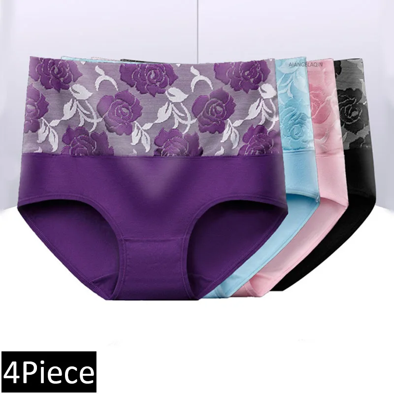 4Pcs frauen Unterwäsche Bauch Hohe Taille Höschen Baumwolle Plus Größe Slip Drucken Floral Intime Sexy Wäsche Weibliche Former