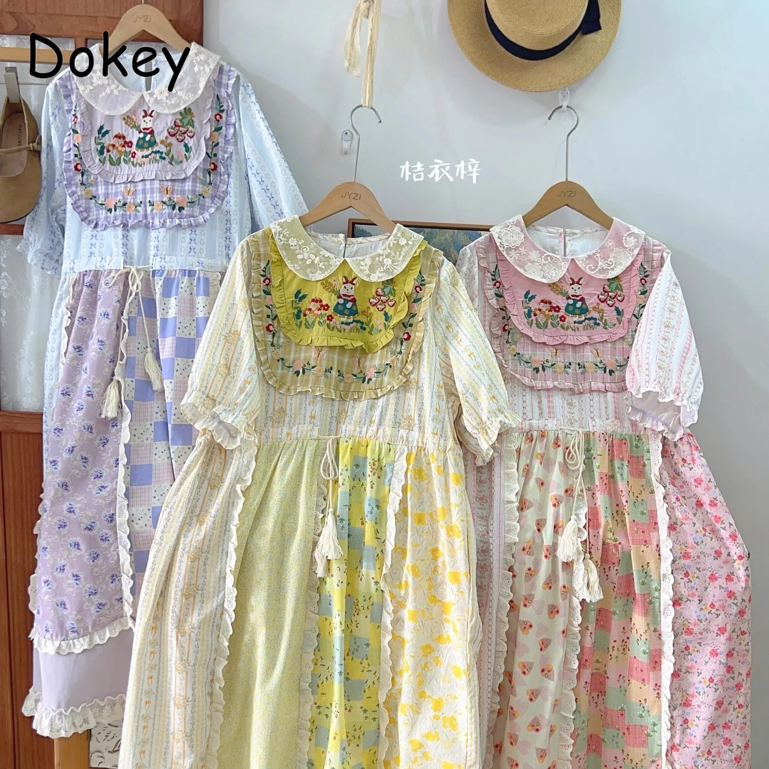 

Women's Vintage Embroidery Cotton Linen Flower Dress Japanese Mori Girl Peter Pan Collar Kawaii Dress Lace Ruffled Loose Vestido