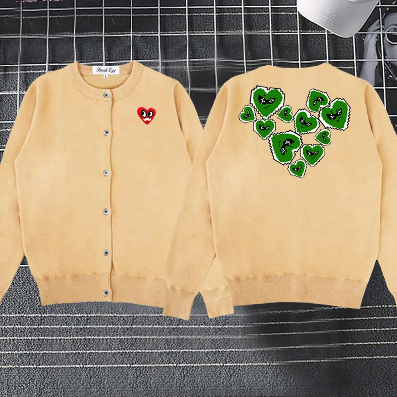 

Pixel Game Face Little Heart to Big Heart Printing Women Cardigan Red Eye Beard Heart Embroidery Cotton Single Breasted Sweater