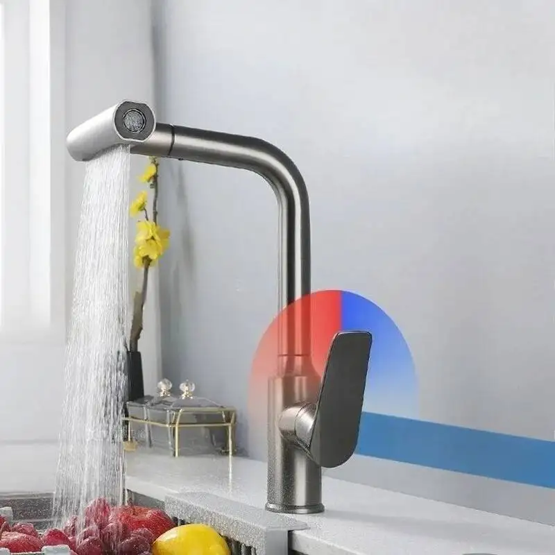 

Водопад для кухни с холодной и горячей водой, универсальный выдвижной вращающийся смеситель для раковины, брызгозащищенный смеситель