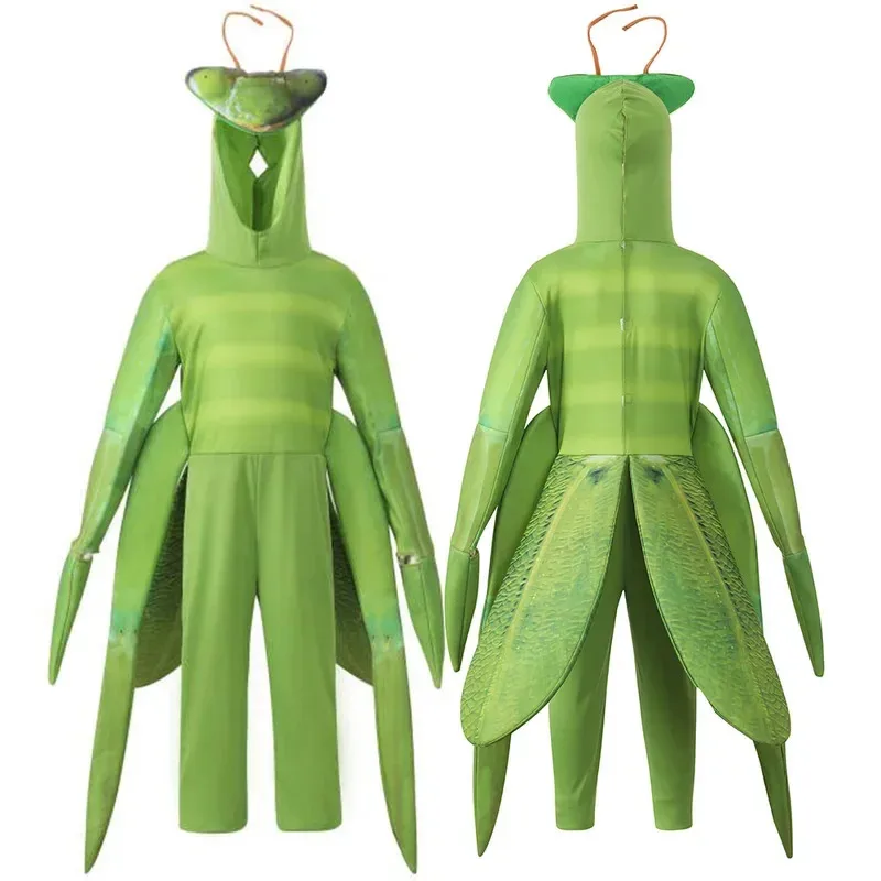 YI01 Kostum Cosplay Belalang Sembah Serangga untuk Anak-anak Jumpsuit Hijau Pakaian Topeng Kuda Pertunjukan Panggung Natal HalloweenJk8*@