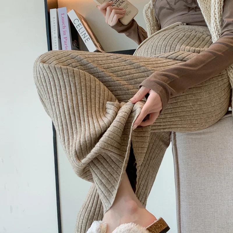 Pantalones rectos de maternidad para mujeres embarazadas, pantalón de pierna ancha, tejido Vertical de grano, cintura alta, moda de otoño, 2024