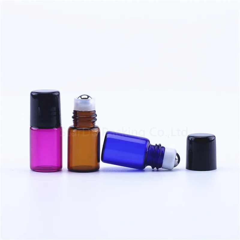 

100pcs/lot 2ml Amber Blue Green Thin Glass Roll On Bottle Sample Test Essential Oil Vials With Roller Metal /Glass Ball