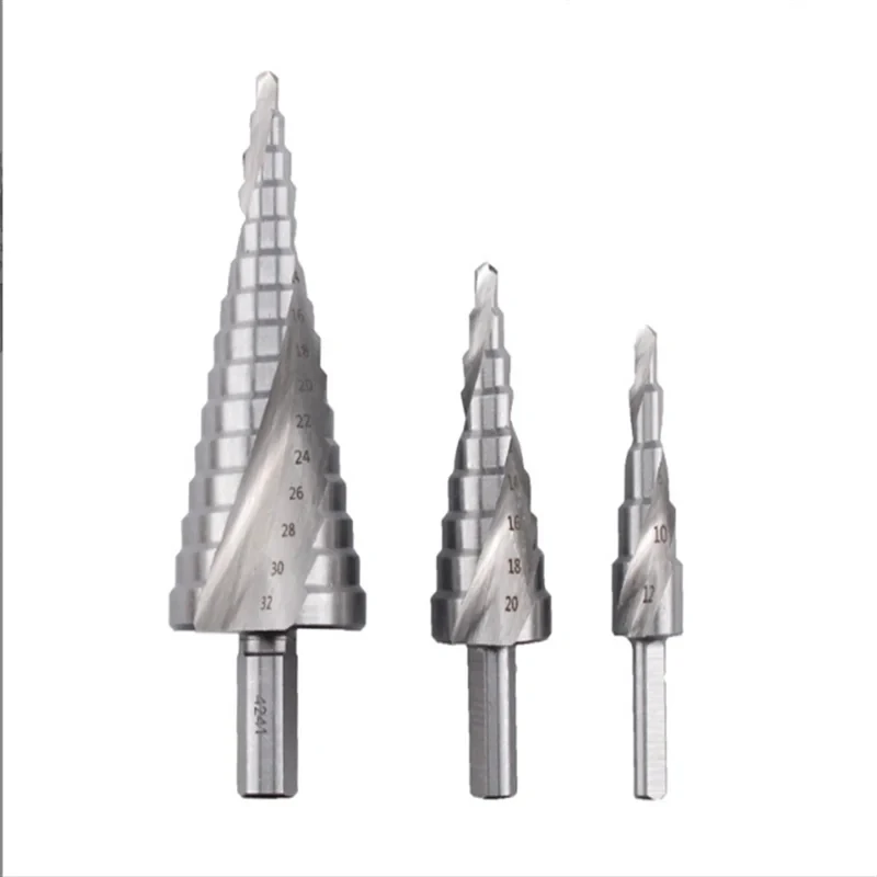 3Pcs 4-12/4-20/4-32 Silver Double Groove Spiral Step Drill Triangular Handle Metal Wood Working HSS Hole Cutter