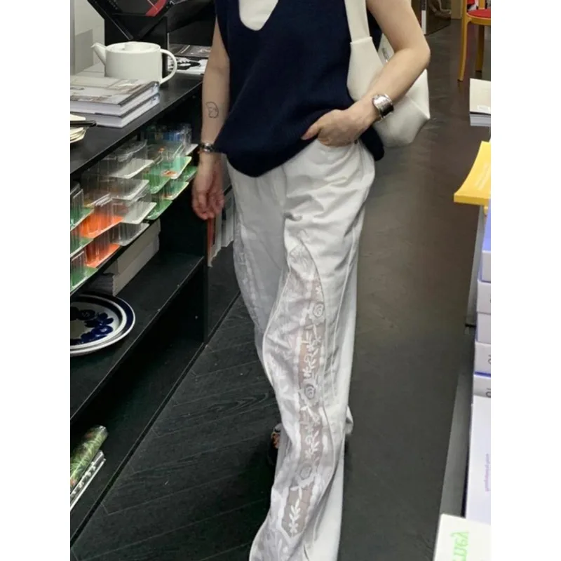 Korean Hollow Lace Splicing Casual Wide Leg Pants Women 2024 Summer New High Waist Solid Color All Match Draped Pants