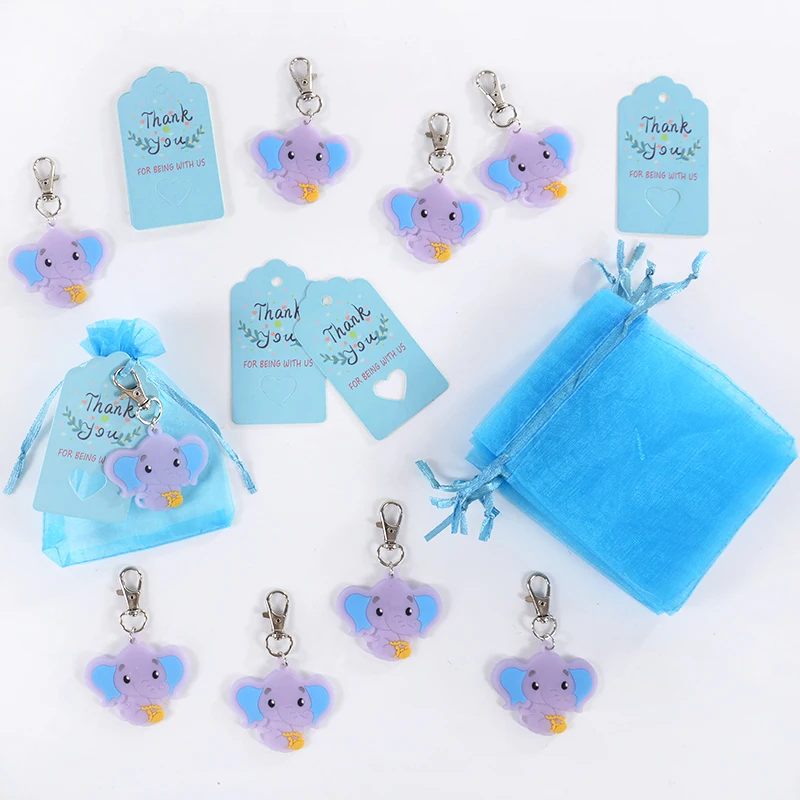 10-30pcs Elephant Keychain Organza Bags Baby Shower Souvenirs Gifts with Thank You Tags Kids Birthday Party Favors for Guests