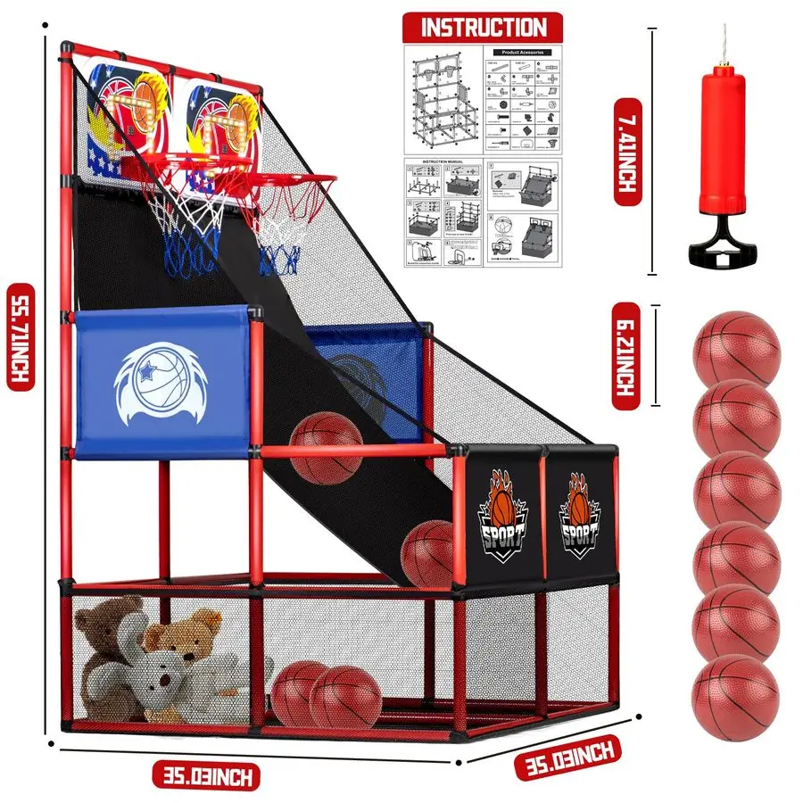 في 1 لعبة أركيد كرة السلة المزدوجة في الأماكن المغلقة والخارجية مع تسجيل LED وصوت، لعبة اللعب الرياضية تتضمن 6 كرات أمبير تعليمات