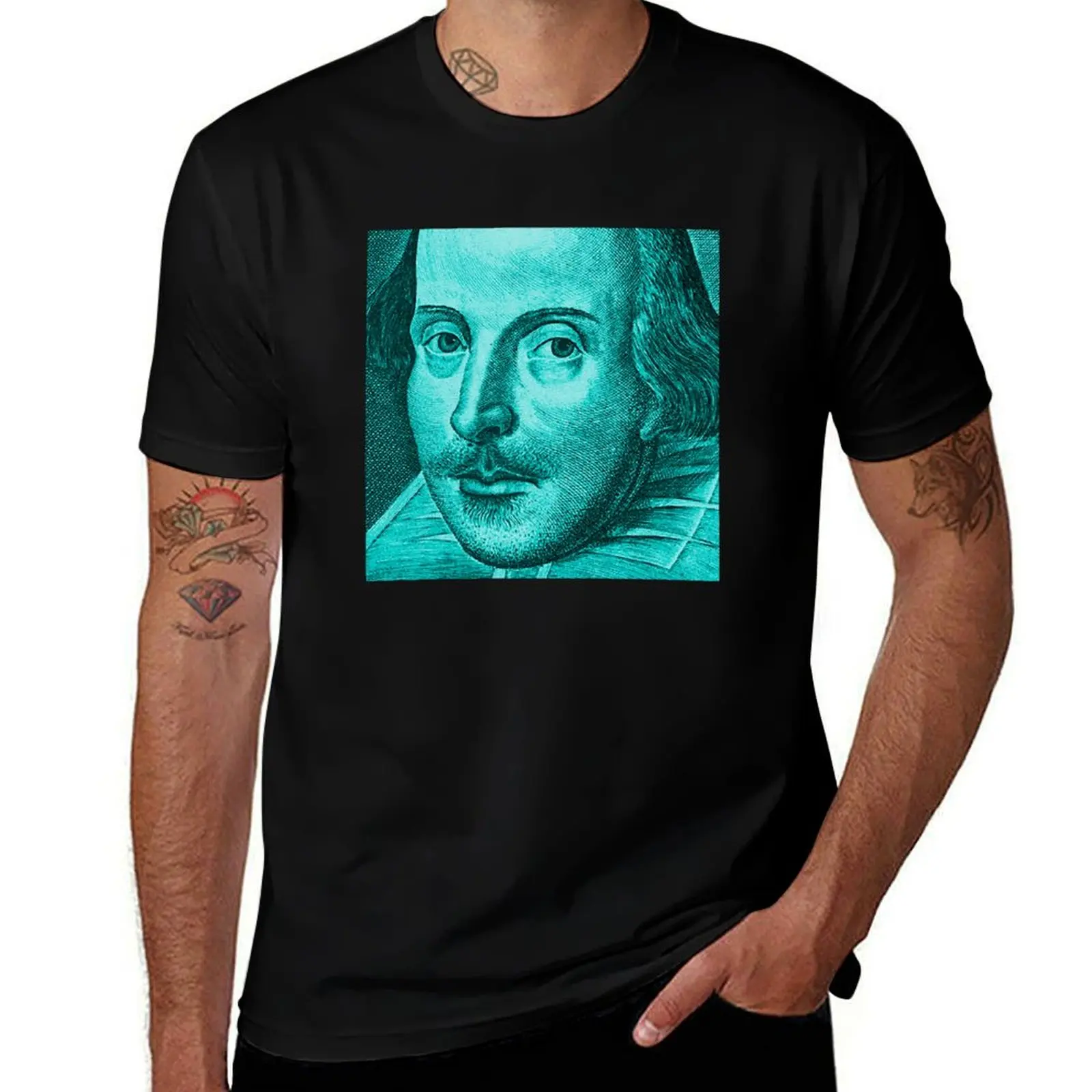 Shakespeare Droeshout Engraving Portrait - Cyan Version T-Shirt t shirt man cotton T-Shirt