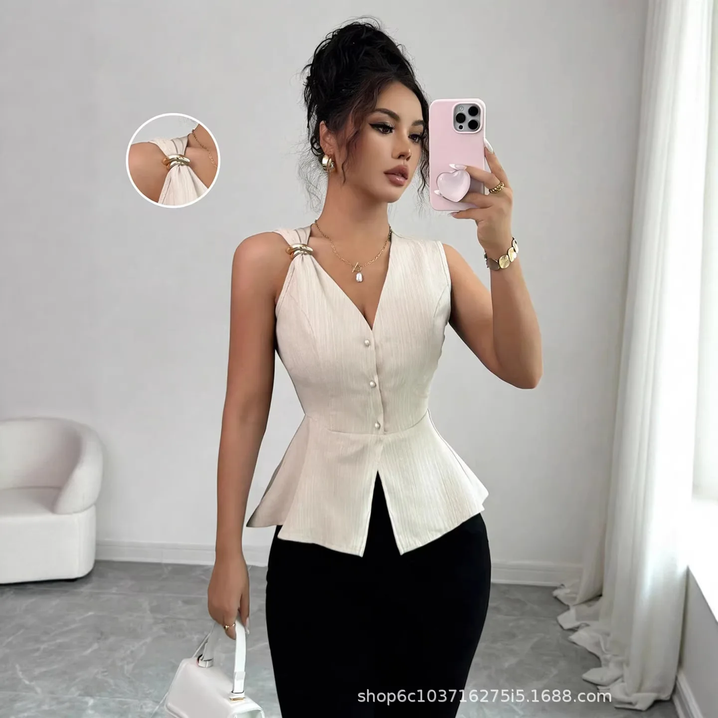 Women's 2026 Fashion V-neck Sleeveless Waist-cinching Metal Buckle Split Hem Ruffle Design Vest Clothing Boho Luxury