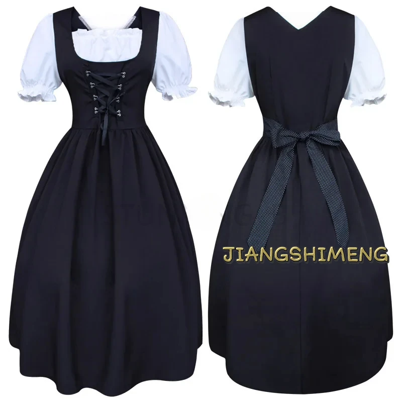 

Vintage Black White Dress for Women Medieval Drawstring High Waist Large Swing Performance Dress Stitching Maid Cosplay Costume