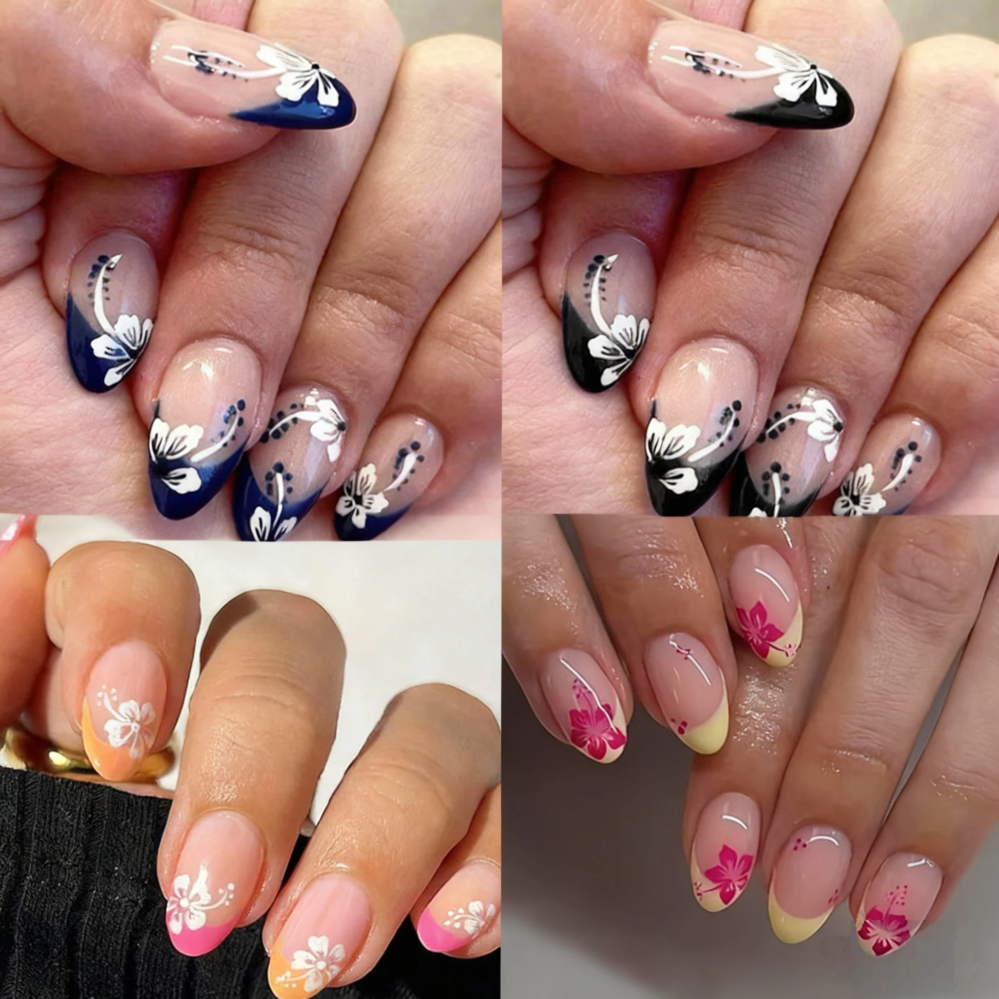 96 قطعة من أظافر اللوز الفرنسي المزيفة بتصميم الزهور، تغطية كاملة من الأكريليك، أظافر صيفية مطبوعة بالزهور، أظافر أكريليك