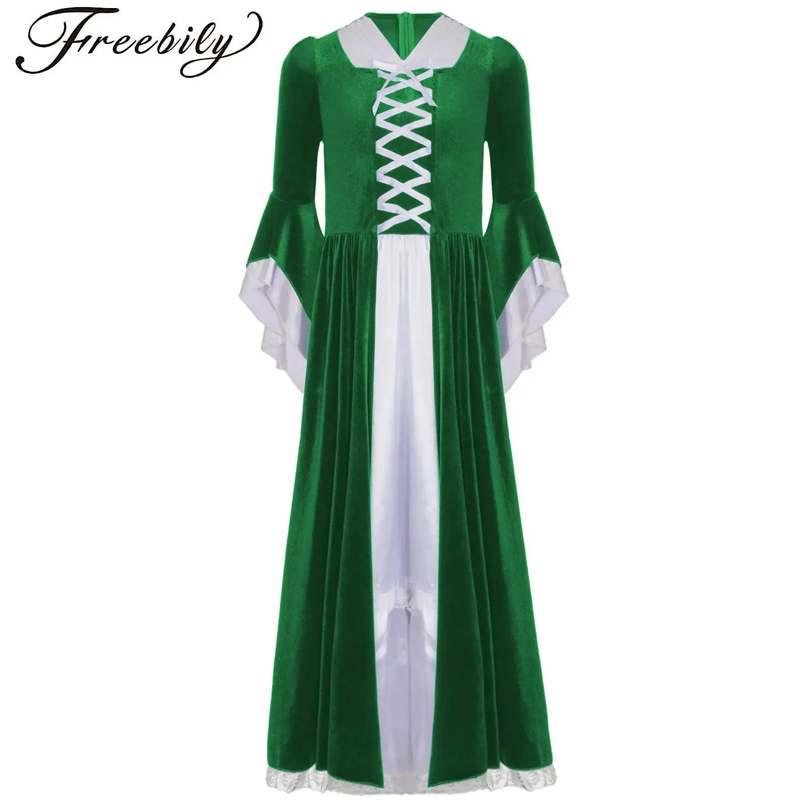 

Historical Girls Dress Medieval Renaissance Victorian Princess Gown Long Bell Sleeve Lace Trim Maxi Dress Robe Halloween Cosplay