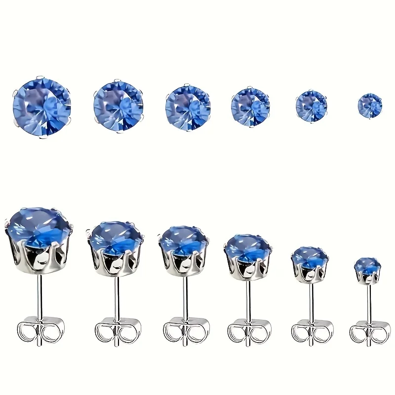 6pairs Hypoallergenic Fashion Stainless Steel Blue Cubic Zirconia Stud Earrings for Men Women Daily Wear Ear Jewelry 3-8mm