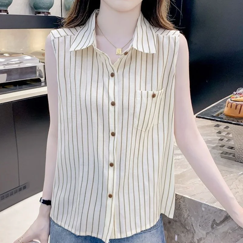 Summer Casual Women\'s Chiffon Sleeveless Striped Shirt Sweet Slim Top Office Lady All-Match Elegant Blouses With Pocket New Chic