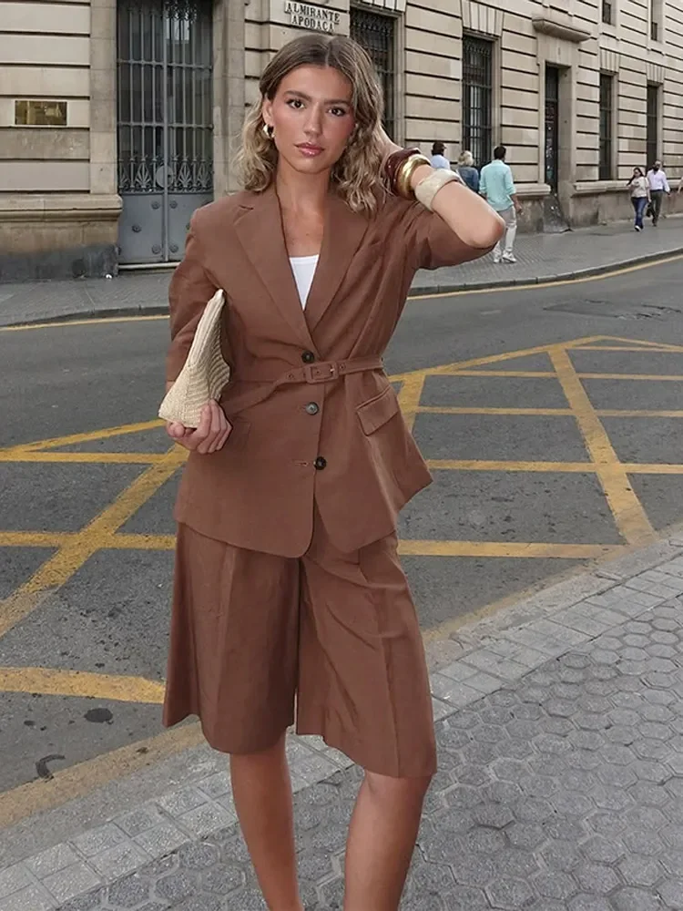 

Women's Linen 2 Piece Sets Short Sleeve Belted Blazer Matching High Waist Shorts Long Pants Set Brown Black Office Lady Outfits