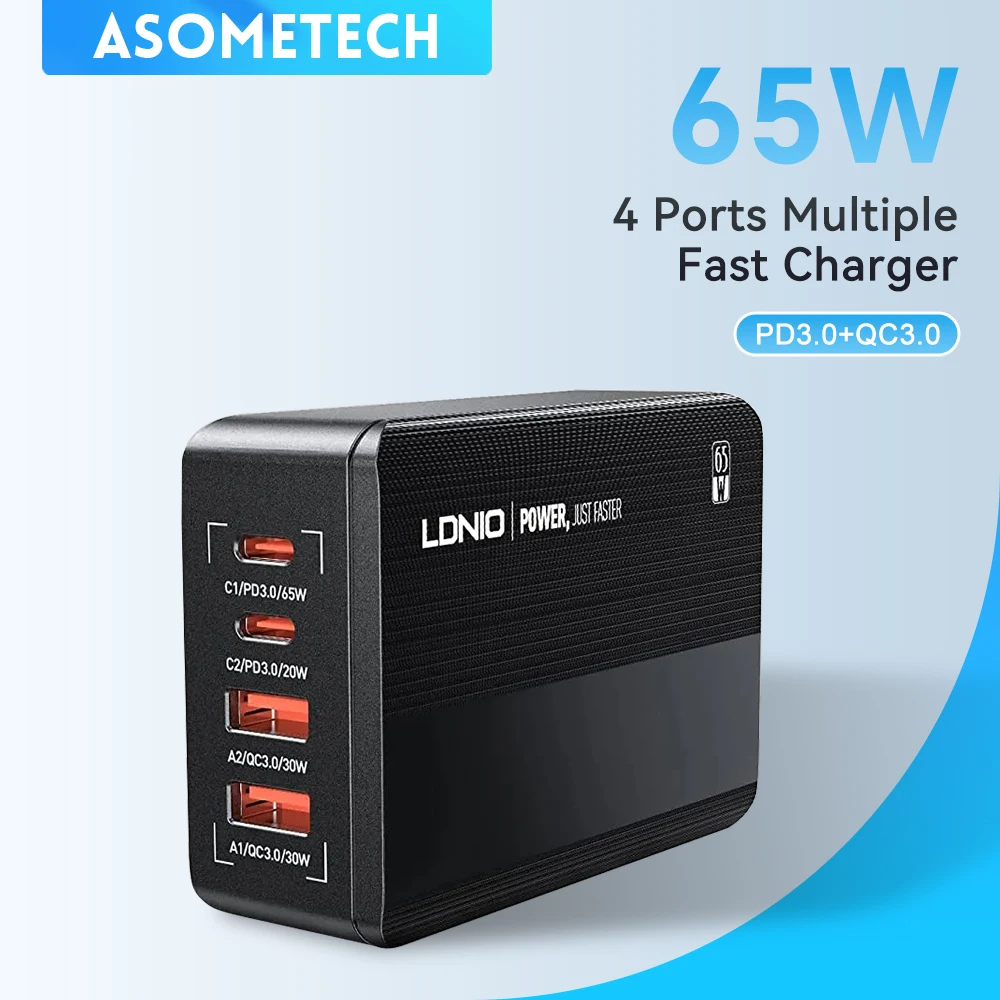 ASOMETECH 65W USB Charging Station,4 USB Charger With LCD Display,QC3.0 PD3.0 Fast Charger For iPhone 14 13 12 iPAD Samsung S21