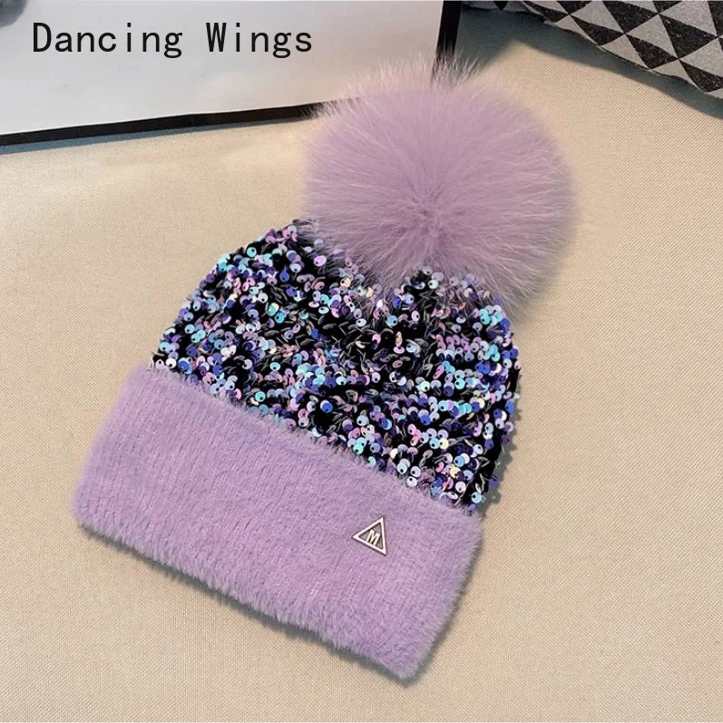 

Natural Fox Fur Pompon Elastic Hat Thick Winter for Women Child Cap Mink Cashmere Sequins Hat Female Skullies Beanies