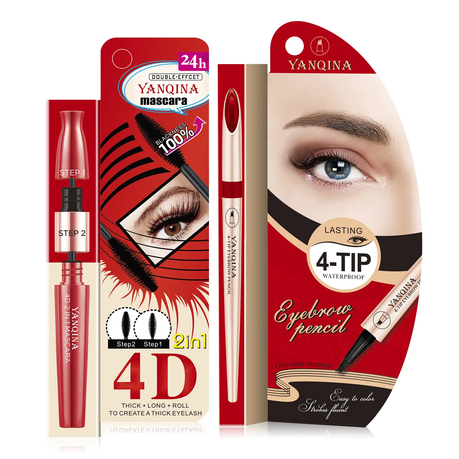 Ogen Make-Up Set 2 In 1 Zwarte Mascara + Vier-Vork Wenkbrauwpotlood Zwarte Waterproof Wimpers Snel Droog cosmetica Wimpers Brow Pen