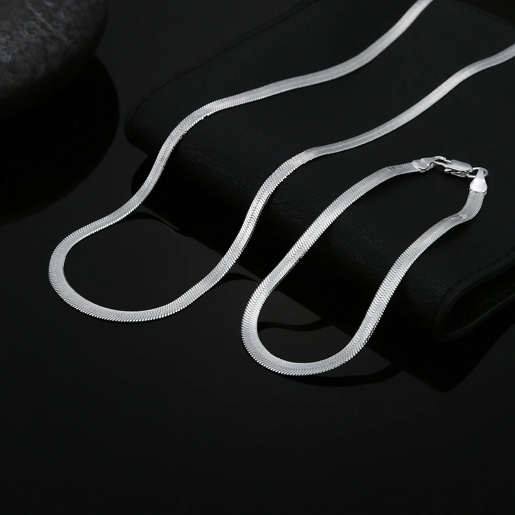 

Hot sale fashion 925 sterling Silver 4MM blade chain bracelets neckalce for women Party wedding accessories jewelry sets gifts