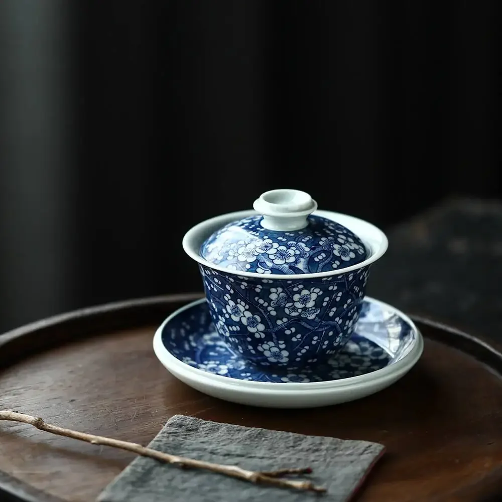 the mainland of China Sancai cover bowl blue and white cover bowl 200ml ceramic tea set tea bowl free of postage