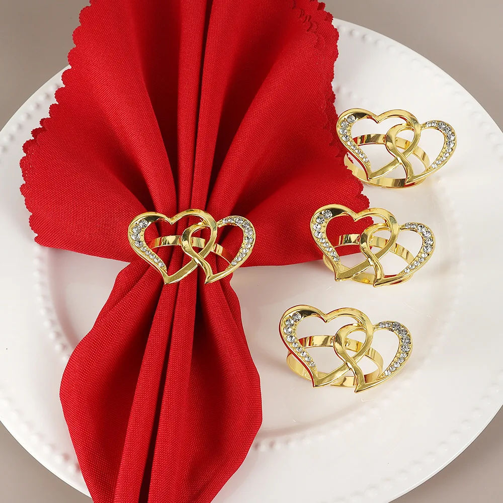 Valentine Heart Napkin Rings, Gold Silver Interlocking Hollow Heart Napkin Holders for Table Setting, Wedding Party Dinner Decor