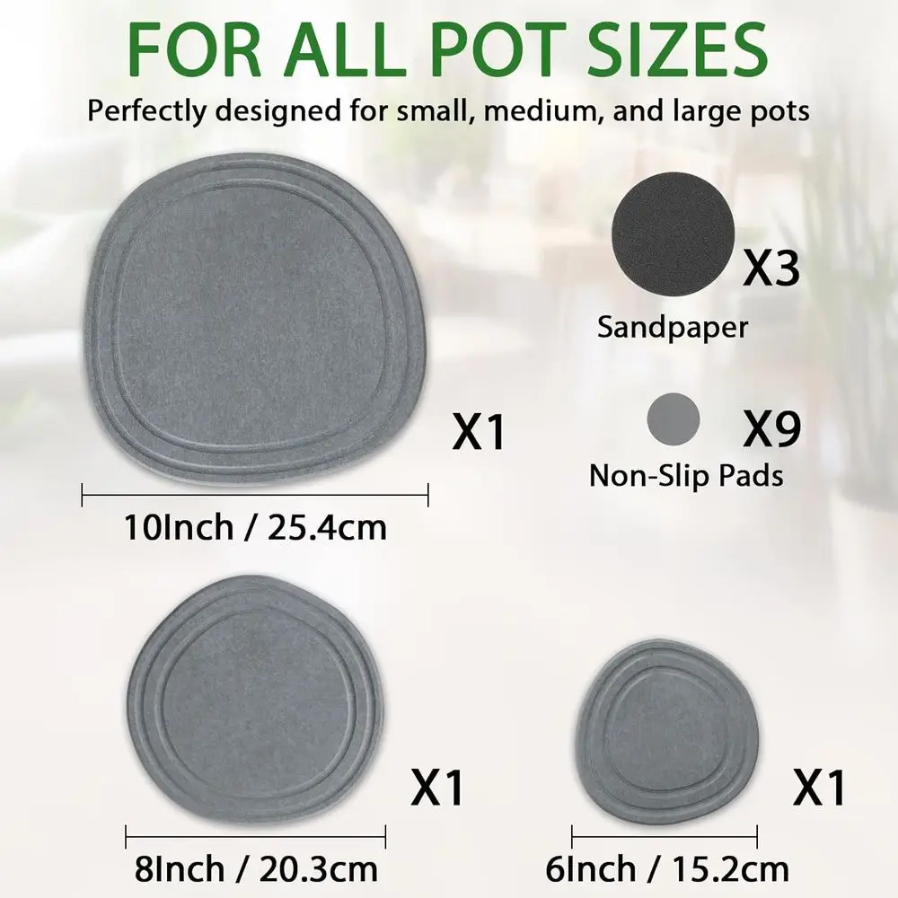 3 Pack Durable Diatomite Plant Saucers - 6, 8, 10 Inch Sizes for Efficient Water Drainage and Quick Drying in Stone Gray