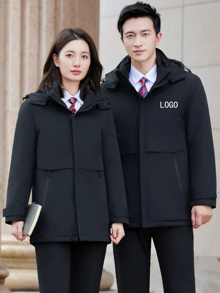 Thickened Medium-Length Cotton Jacket Work Uniform for Men And Women Removable Inner Liner Windproof And Warm for Business An...