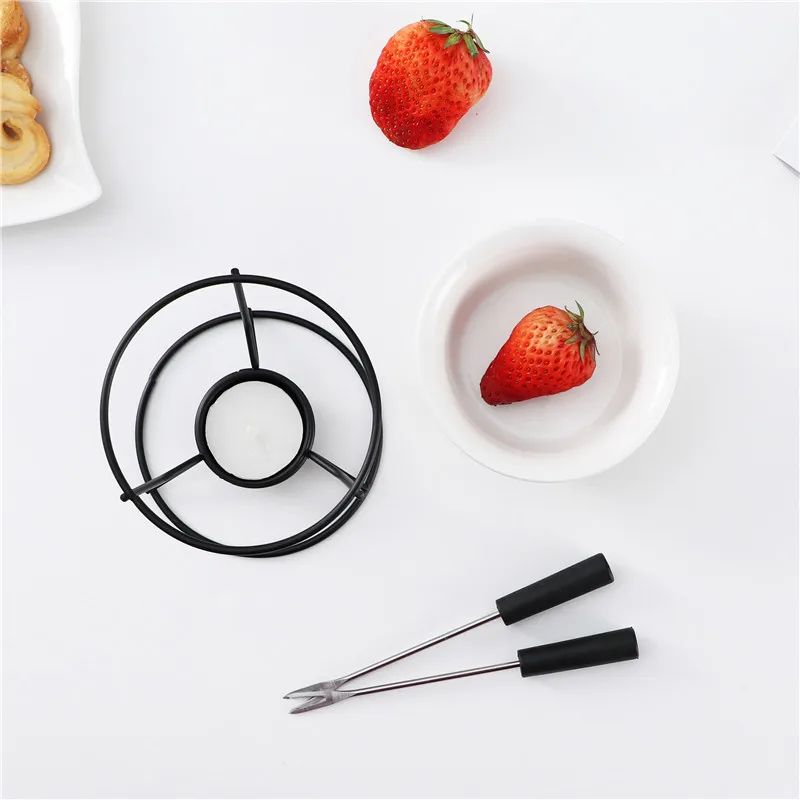 Porcelain Chocolate Fondue Melting Cup Set with Forks, Ceramic Warmer for Desserts, Cheese Butter Warmer, Mini Fondue Pot,
