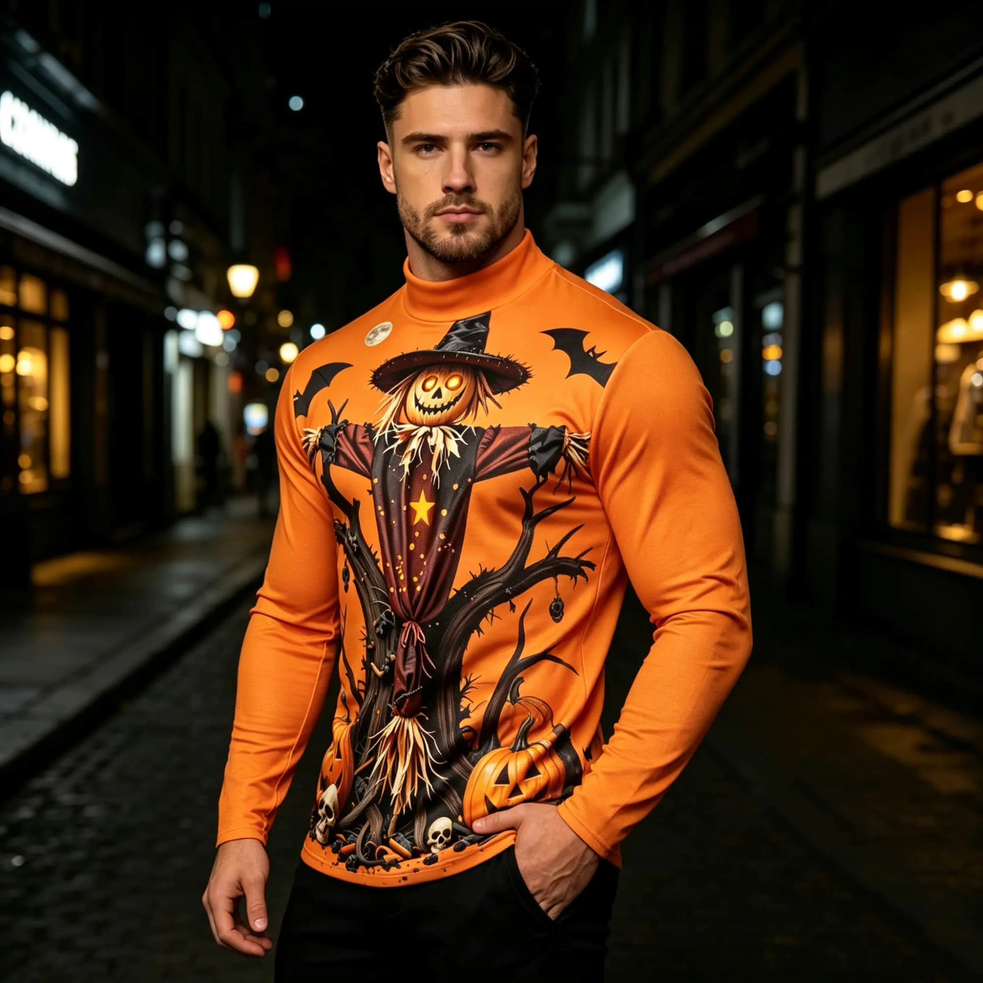Men Bodybuilding Compression Top Half‑Collar Long Sleeve Halloween Festival Scarecrow 3D Print Breathable Workout Shirt