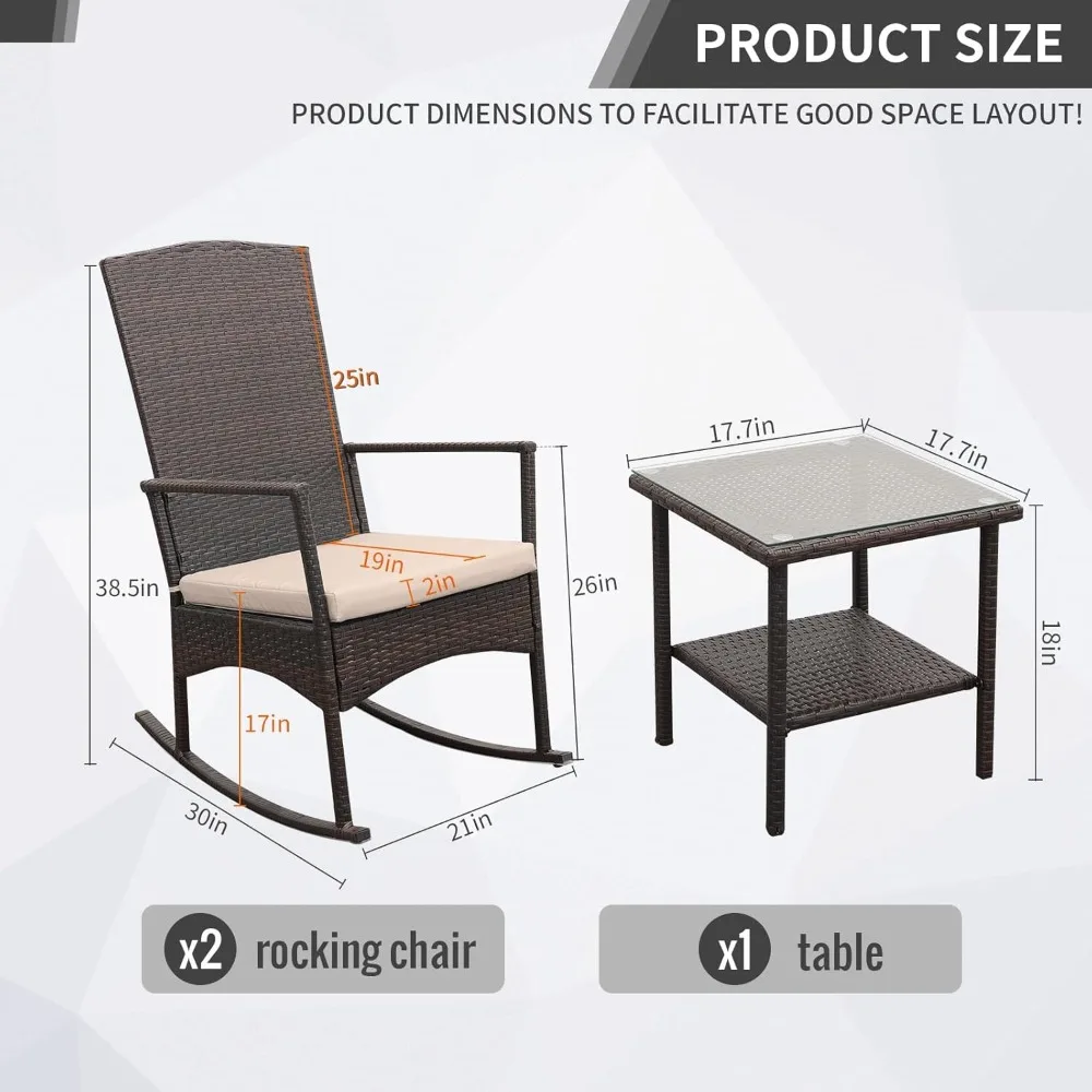 Outdoor Rocking Chair 3 Pieces High-Backed Rocking Chair Patio Rocking Chairs Outdoor Table