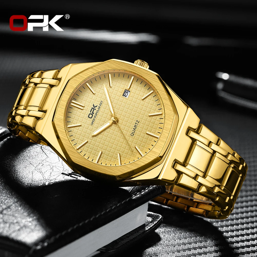 OPK 8139 Luxury Quartz Watch For Men Original Top Brand Calendar Man Wristwatch Waterproof Luminous Stainless Steel Mens Watches