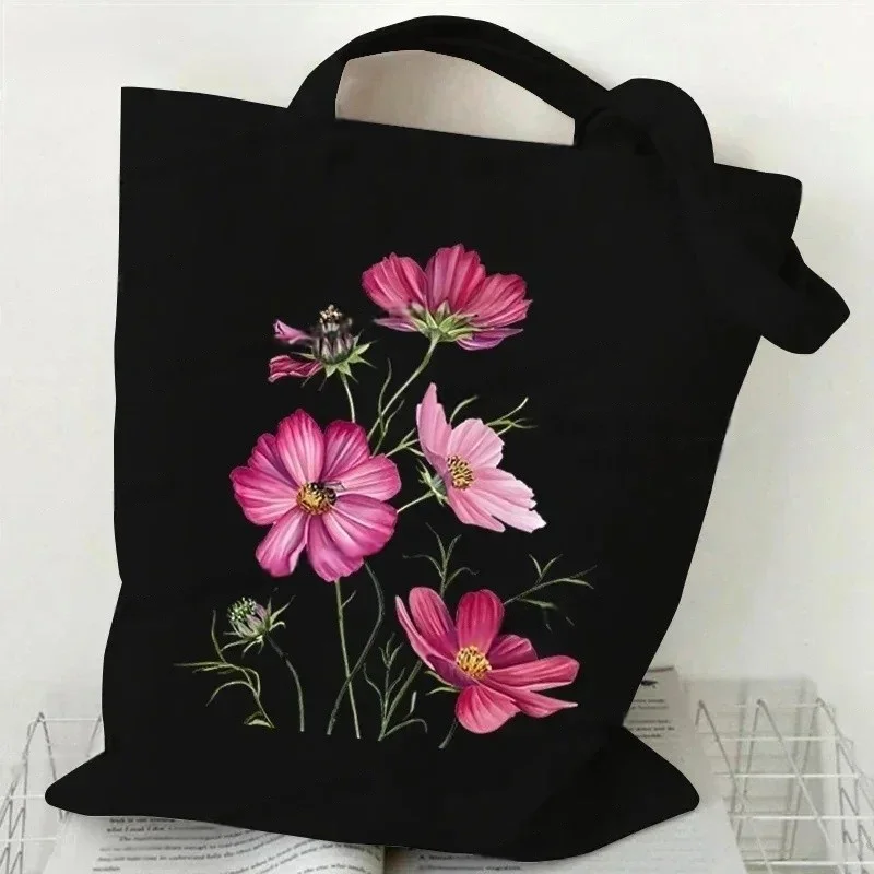 Wildflower Oil Print Black Canvas Tote Bag Vintage Daisy Shoulder Bag for Women Girl Stylish Plant-Themed Shopping Handbag