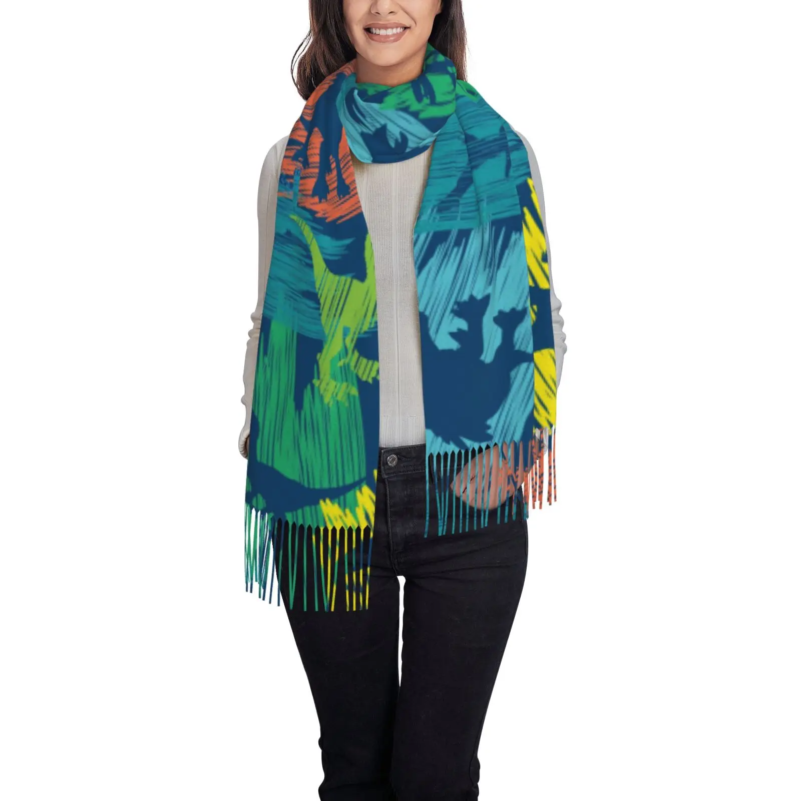 Women Abstract Brush Stroke Print Shawl Scarf, Navy Blue Tassel Large Wrap, Soft Fashion Ladies Art Cape Scarves