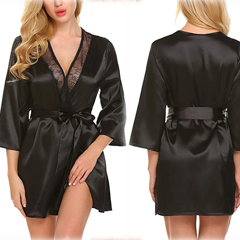 

Women Silk Satin Night Robe Women's Lace Sleepwear Mini Dress Sexy Bathrobe Peignoir Lingerie Night Gown Thongs Nightdress