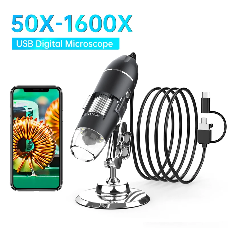 

1600X USB Digital Microscope 3in1 USB Type C Electronic Microscopes for Soldering 1080P HD with 8LEDs Compatible with Android PC