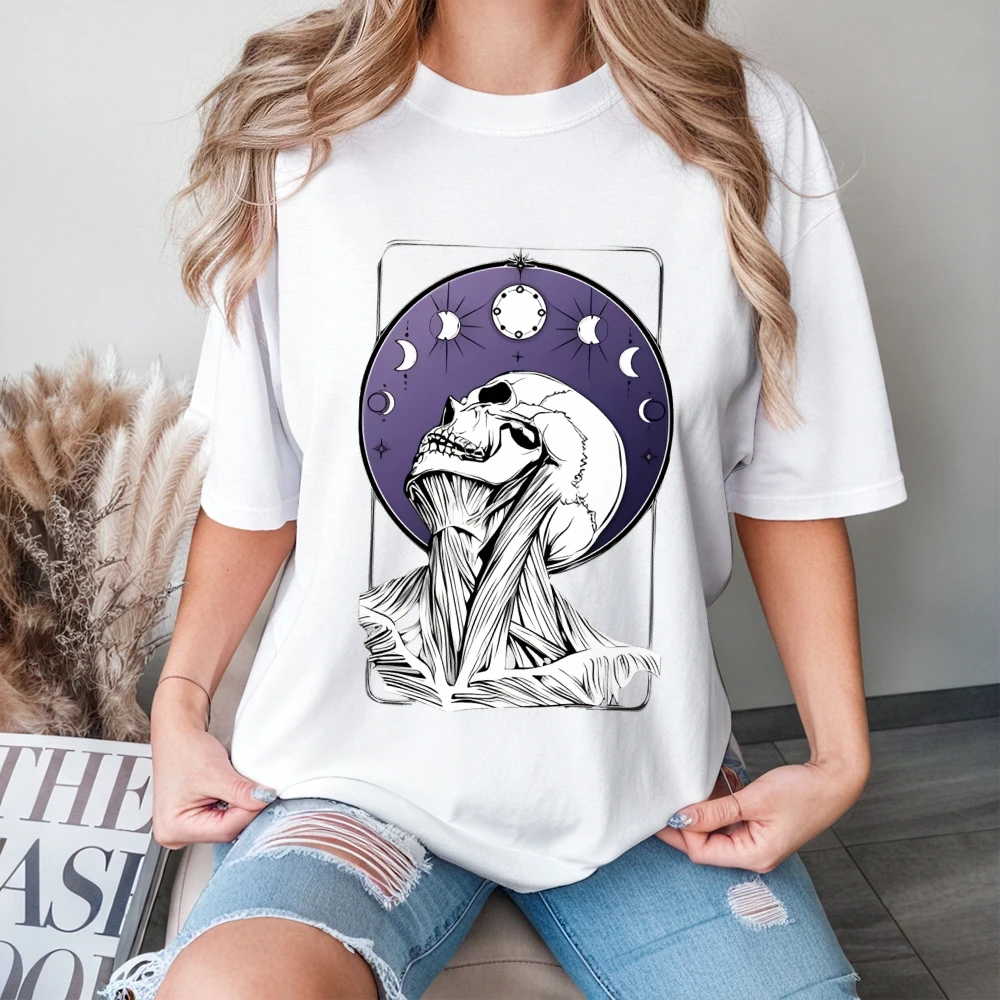 Skull Tarot T Shirt Mystic Card Print Summer Casual Loose Short Sleeved Relaxing Dark Artistic Unique Fashionable Cloth Tops