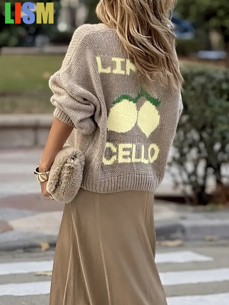 

LISM women's winter clothes y2k sweatshirt 2025 casual long sleeved button sweater cardigan lantern sleeve lemon knit sweater