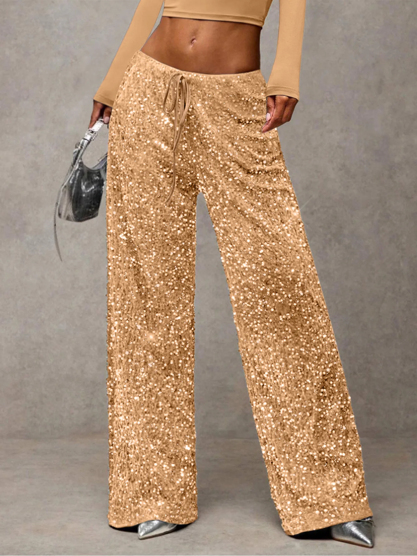 Women Sequin Wide Leg Pants Drawstring Waist Velvet Glitter Trousers Party Nightclub Loose Long Pants