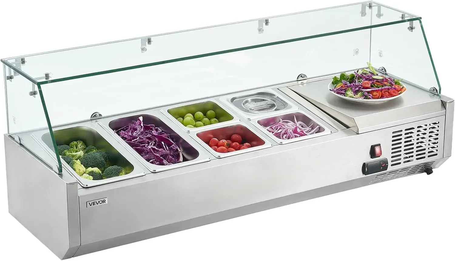 Refrigerated Condiment Prep Station, 130 W Countertop Refrigerated Condiment Station, with Two 1/3 Pans & Four 1/6 Pans, 304