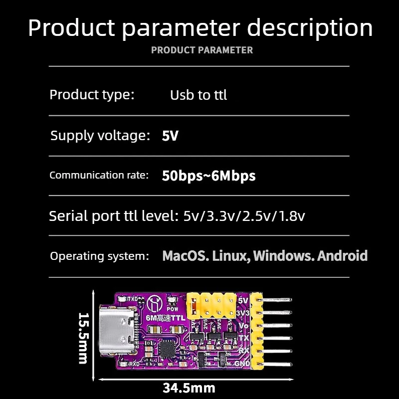 1PCS CH343 USB Serial Port Module 6Mbps 5V/3.3V TTL UART Type-C Switch for Debugging Burning And Downloading